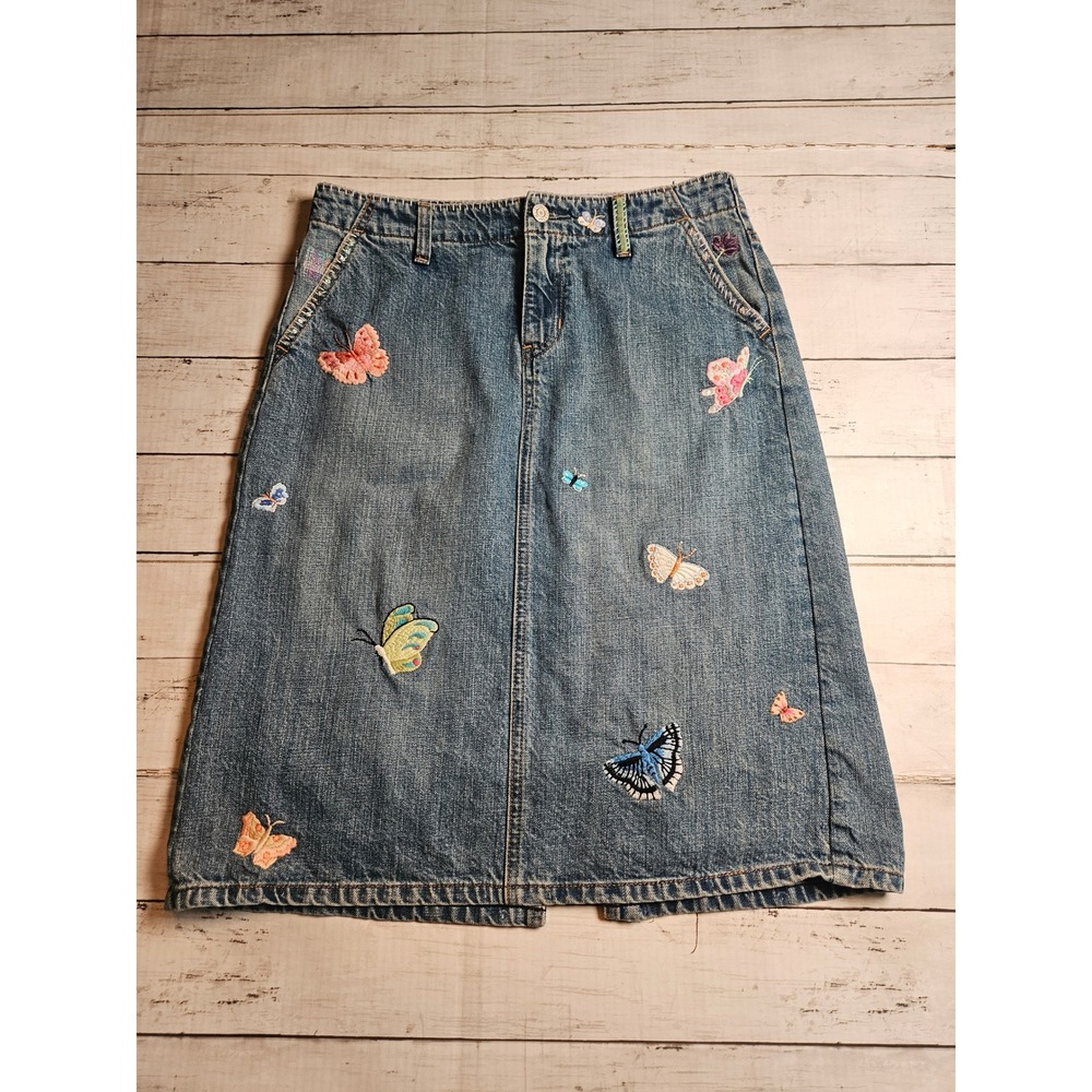 Gap Jeans Butterfly Embroidered Denim Skirt Women's 6 Blue Cotton Y2K Boho